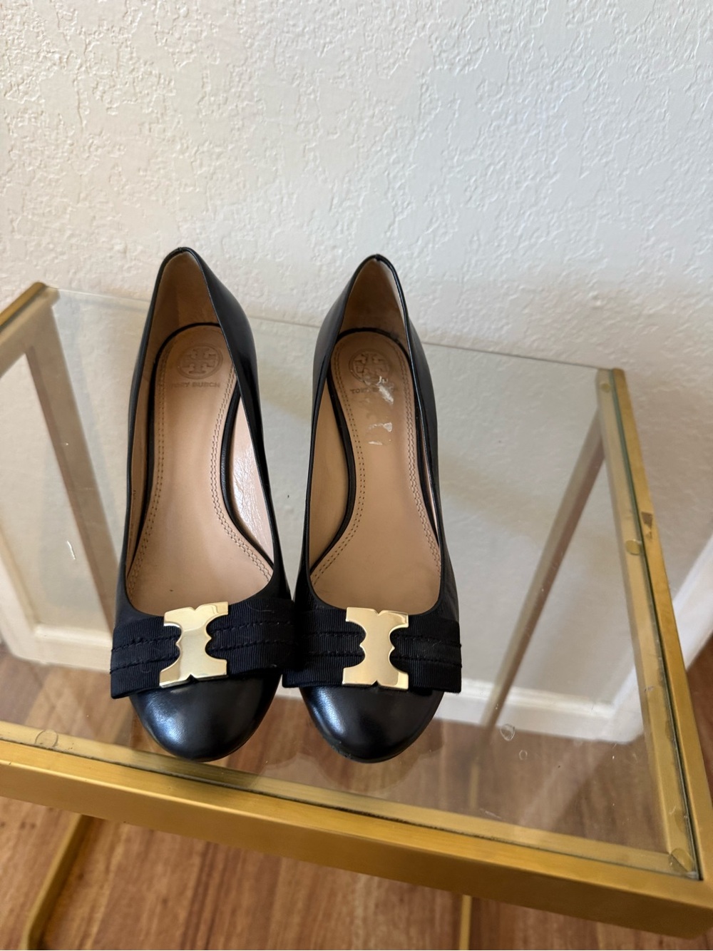 Tory Burch Black Leather Block Heel Pumps with Gold Emblem